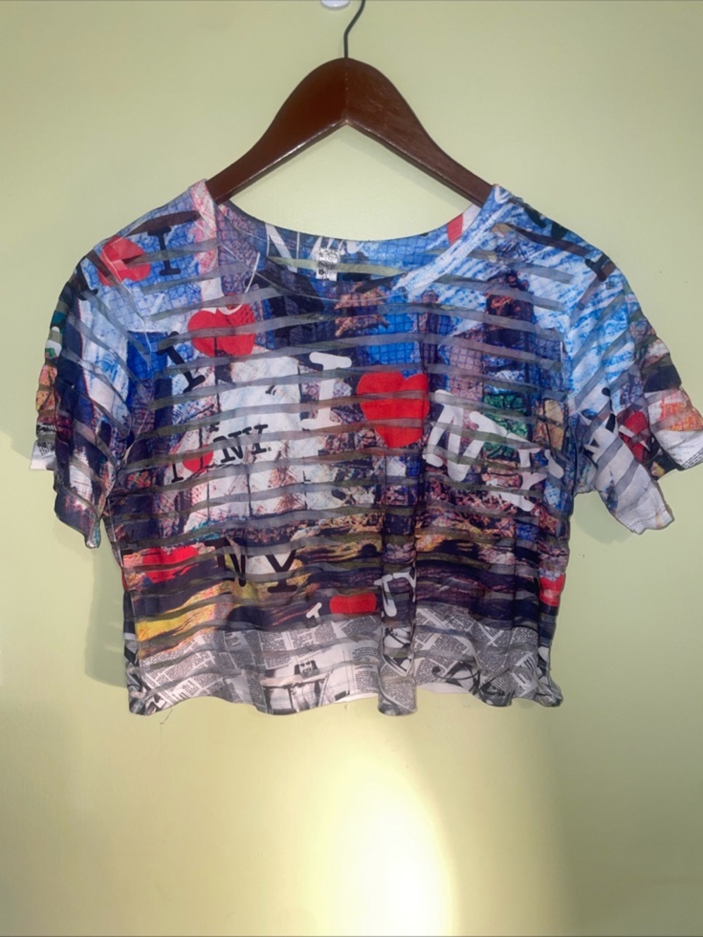 Topia Multicolor Sheer Striped Crop Tee with Red Heart Accents no size tag sz sm